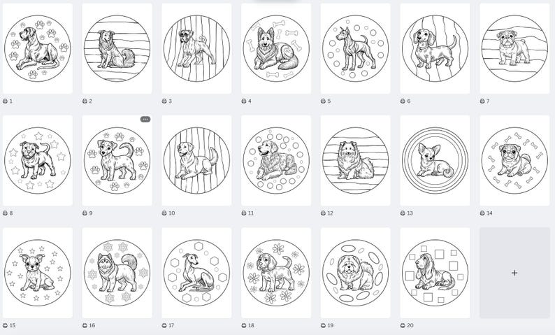 Pode incluir: Um conjunto de 20 ilustra&ccedil;&otilde;es em preto e branco de c&atilde;es em v&aacute;rias poses, cada uma dentro de uma moldura circular. As ilustra&ccedil;&otilde;es s&atilde;o adequadas para colorir.