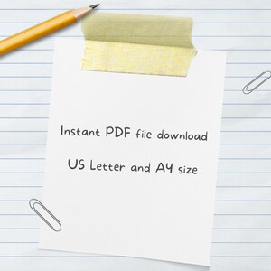 Pode incluir: Uma folha de papel branca com papel de caderno pautado atr&aacute;s. O papel tem o texto "Download instant&acirc;neo de arquivo PDF" e "Tamanho US Letter e A4" escrito nele. H&aacute; uma pe&ccedil;a de fita amarela na parte superior do papel.