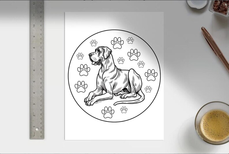 Pode incluir: Ilustra&ccedil;&atilde;o em preto e branco de um c&atilde;o Dogue Alem&atilde;o sentado dentro de um c&iacute;rculo. O c&atilde;o est&aacute; rodeado de pegadas.