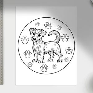 Pode incluir: Ilustra&ccedil;&atilde;o em preto e branco de um c&atilde;o com pegadas ao redor. O c&atilde;o est&aacute; de p&eacute; com o rabo enroscado.