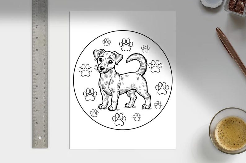 Pode incluir: Ilustra&ccedil;&atilde;o em preto e branco de um c&atilde;o com pegadas ao redor. O c&atilde;o est&aacute; de p&eacute; com o rabo enroscado.