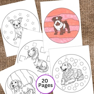 Pode incluir: Um conjunto de 20 p&aacute;ginas para colorir com diferentes ra&ccedil;as de c&atilde;es. Cada p&aacute;gina tem um design circular com um c&atilde;o no centro e uma borda decorativa.