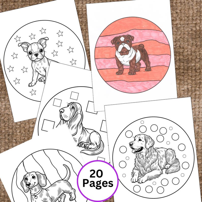 Pode incluir: Um conjunto de 20 p&aacute;ginas para colorir com diferentes ra&ccedil;as de c&atilde;es. Cada p&aacute;gina tem um design circular com um c&atilde;o no centro e uma borda decorativa.