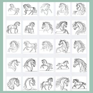 May include: A collection of 25 line drawings of horses in various poses, including running, standing, and looking to the side. The drawings are all in black and white and are done in a simple, minimalist style.