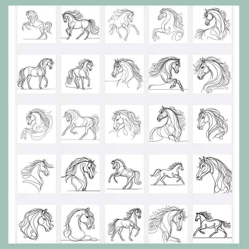 May include: A collection of 25 line drawings of horses in various poses, including running, standing, and looking to the side. The drawings are all in black and white and are done in a simple, minimalist style.