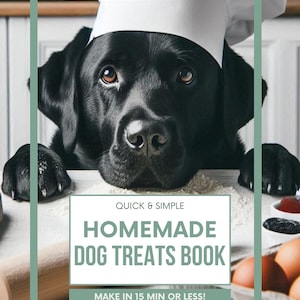 May include: A black Labrador Retriever wearing a white chef's hat, looking at the camera. The dog is on a white surface with a rolling pin and ingredients for dog treats. The text reads "JACKSON'S QUICK & SIMPLE HOMEMADE DOG TREATS BOOK MAKE IN 15 MIN OR LESS! Muddy Mountain".