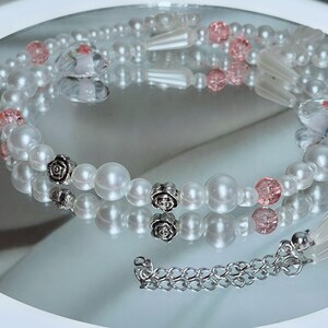 Pearl and Bow Necklace with Heart Rose Charms ~ Coquette, Cottagecore, Old Money, Romantic Fairycore Aesthetic