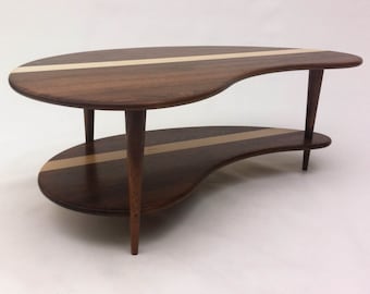 Mid Century Modern Coffee Cocktail Table - Solid Walnut with Shelf - Kidney Bean Shaped - Boomerang Design w/ Tapered Walnut Legs