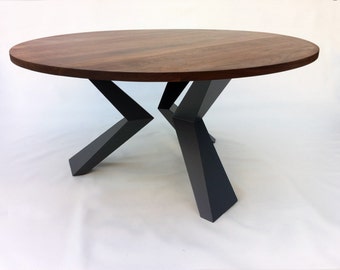 Contemporary Modern Round Dining Table Solid Walnut with Bird Legs in Solid Walnut on Graphite Steel Legs