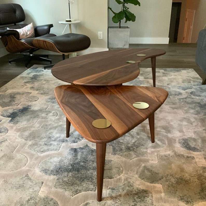 Nesting Kidney Bean Guitar Pick Coffee Tables Mid-Century Modern Atomic Era Design In Solid Walnut with Solid Walnut Tapered Legs image 6