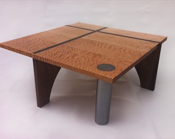 Modern Coffee Cocktail Table - Contemporary Square Quilted Maple, Walnut & Steel 40x40 with Secret Hidey Hole in Leg