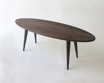 Mid Century Modern Coffee Table - Elliptical Cocktail Table -47" Elliptical Surf Board w/ Tapered Legs