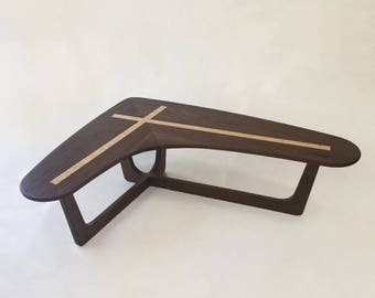 Pearsall Inspired 54x42 Boomerang Cocktail Table in Solid Walnut with Maple Inlay - Mid Century Modern - Atomic Era Inspired