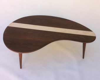 Mid Century Modern Coffee Cocktail Table - Solid Walnut with Maple Inlay- Kidney Bean Shaped - Boomerang Design