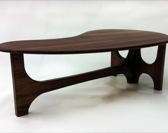 Mid Century Modern Coffee Cocktail Table Trident Base  - Solid Walnut - Kidney Bean Shaped - Atomic Era Don Draper Biomorphic cocktail table