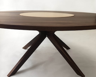 Contemporary Modern Solid Walnut Round Dining Table with Maple Lazy Susan Modern &  Sculptural Solid Walnut Legs - 72" - Seats 6-8