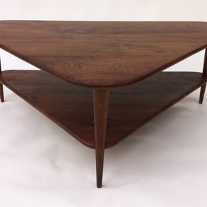 Mid Century Modern Coffee Table w/ Shelf Triangle Cocktail Table in Solid Walnut with Tapered Walnut legs