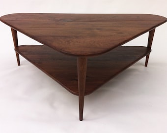 Mid Century Modern Coffee Table w/ Shelf Triangle Cocktail Table in Solid Walnut with Tapered Walnut legs