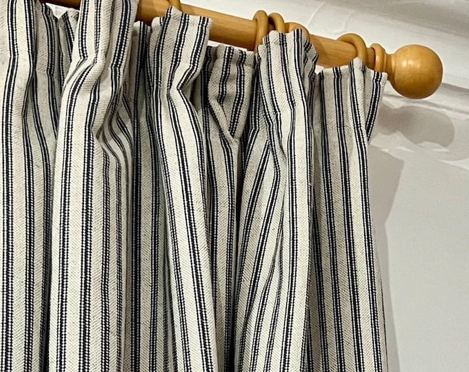 Woven Ticking stripe curtains, heavy weight fabric, fully interlined and made to order
