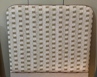 Bespoke Ikat Stripe linen upholstered floor-standing headboard with piping, available in all bed sizes and a range of shapes and colours.