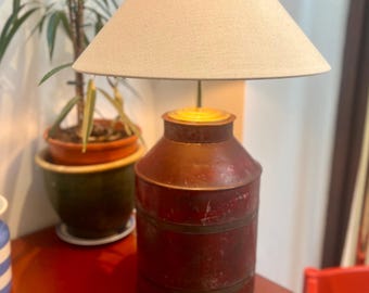 Large maroon 19th Century  toleware lamp with traditional brass fittings. Collectible and unique.