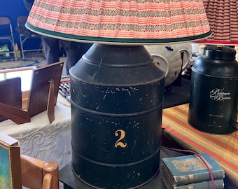 Large green 19th Century toleware lamp with traditional brass fittings. Collectible and unique.