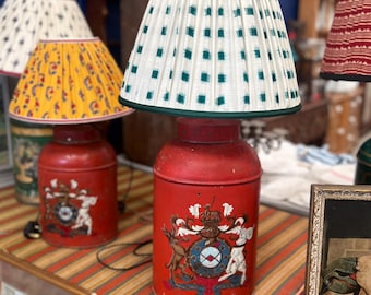 Pair of red 19th Century toleware lamp with traditional brass fittings. Collectible and unique.
