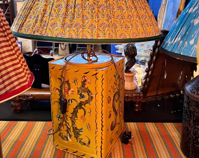 Yellow 19th Century toleware lamp with traditional brass fittings. Collectible and unique.