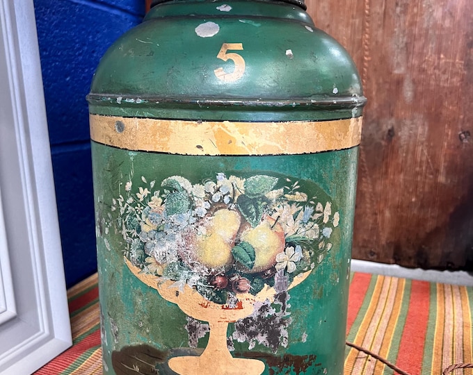 Large green 19th Century toleware lamp with traditional brass fittings. Collectible and unique.