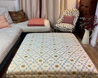 Bespoke Studio Ashby piped ottoman footstool in Afua, Disa or  Patch, Paloma Plaid and a choice of turned beech legs waxed or painted