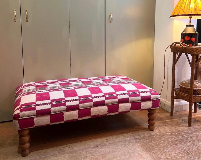 Bespoke Christopher Farr Cloth Ottoman footstool in custom sizes and a upholstered in Chubby Check with a choice of turned beech legs