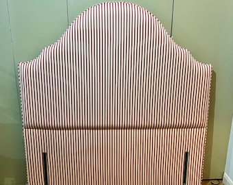 Bespoke Ticking Stripe upholstered floor-standing piped headboard, in a choice of colours, shapes and bed sizes.
