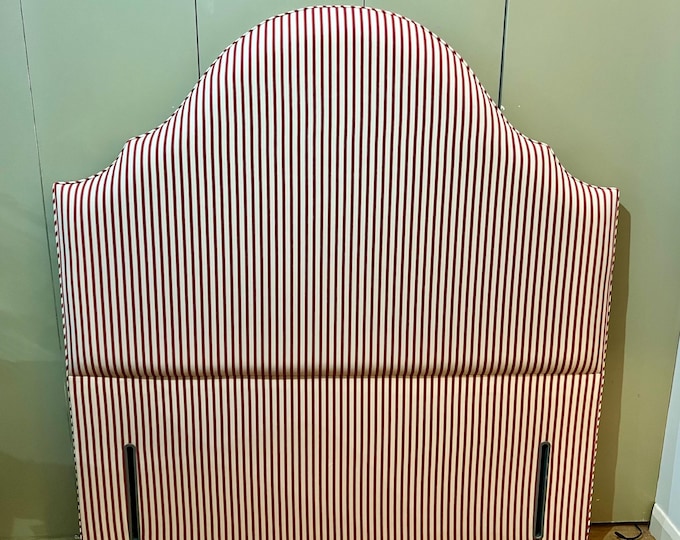 Bespoke Ticking Stripe upholstered floor-standing piped headboard, in a choice of colours, shapes and bed sizes.