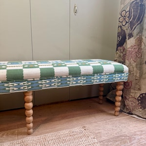 Bespoke Christopher Farr Cloth Chubby Check upholstered bench with turned bobbin legs image 2