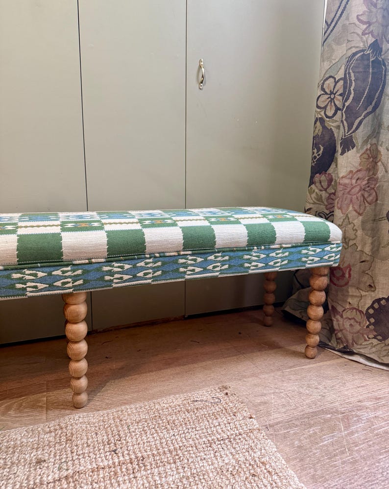 Bespoke Christopher Farr Cloth Chubby Check upholstered bench with turned bobbin legs image 2