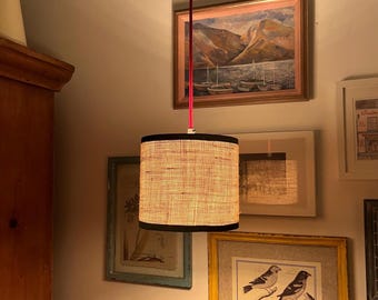 Plug-in pendant lights with handmade hessian shade and piping trim. Edison bulb and hanging kit included.