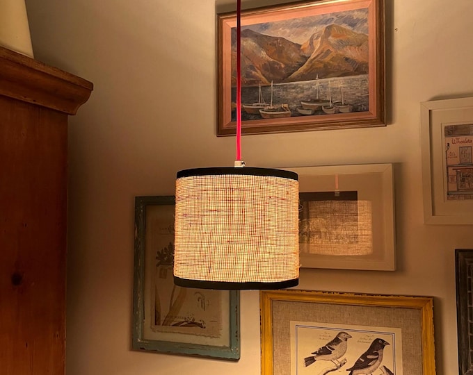Plug-in pendant lights with handmade hessian shade and piping trim. Edison bulb and hanging kit included.