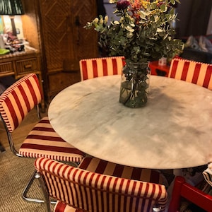 Vintage chrome Cantilever dining chairs reupholstered in Hackney designer “Colours Of Arley” striped velvet - price is per chair.