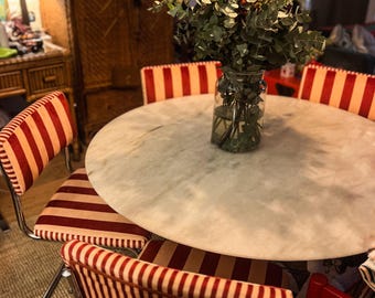 Vintage chrome Cantilever dining chairs c1960s reupholstered in Hackney designer “Colours Of Arley” striped velvet