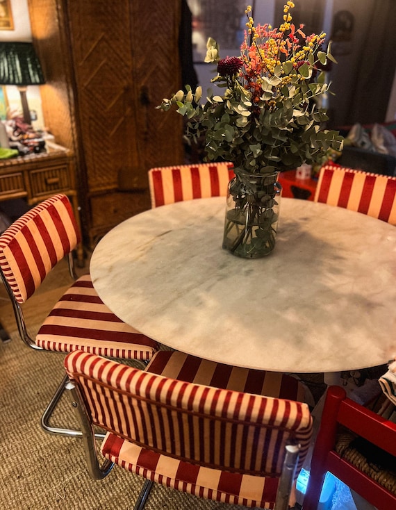 Vintage style Cantilever dining chairs in Colours Of Arley striped velvet - priced per chair.