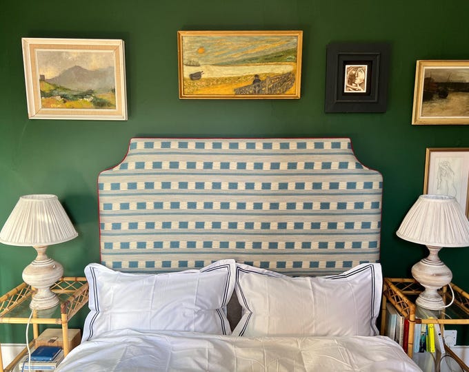 Bespoke Christopher Farr Cloth Lost and Found upholstered floor-standing headboard with piping in a range of shapes and colours