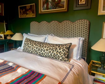 Leopard print piped cushion  backed with Clarke & Clarke velvet in a variety of colours