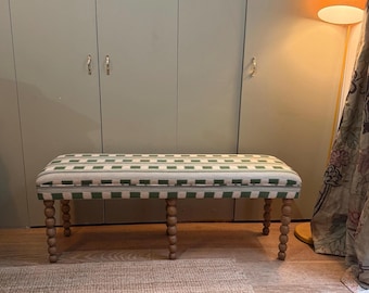 Bespoke Upholstered Bench: Christopher Farr Cloth "Lost and Found" Fabric, Bobbin Legs