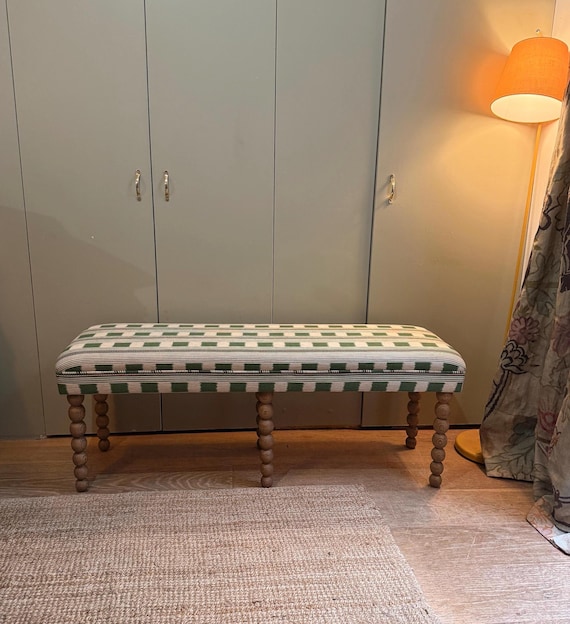 Bespoke Upholstered Bench: Christopher Farr Cloth "Lost and Found" Fabric, Bobbin Legs