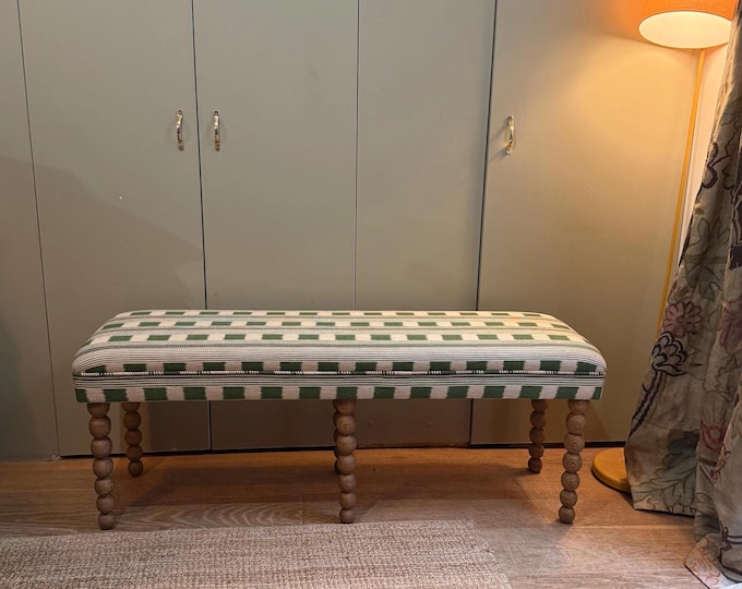 Bespoke Upholstered Bench: Christopher Farr Cloth "Lost and Found" Fabric, Bobbin Legs