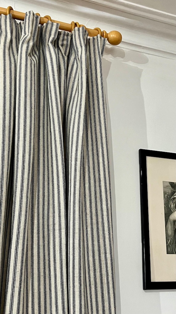 Handmade Woven Ticking Stripe Curtains: Heavyweight Interlined drapes. Standard or bespoke sizes