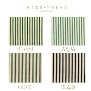 May include: Four fabric swatches with vertical stripes in forest green, aqua, olive, and black. The text "MADE + FOUND" and "BESPOKE INTERIORS" are at the top. Each swatch is labeled with its color name: FOREST, AQUA, OLIVE, and BLACK.