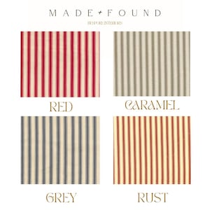 May include: Four fabric swatches with vertical stripes in red, caramel, grey, and rust colors. The fabrics are labeled with their respective colors. The top of the image has the text "MADE + FOUND" and "BESPOKE INTERIORS".