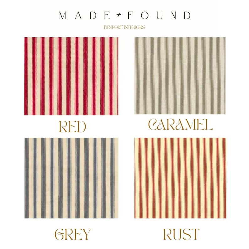 May include: Four fabric swatches with vertical stripes in red, caramel, grey, and rust colors. The fabrics are labeled with their respective colors. The top of the image has the text "MADE + FOUND" and "BESPOKE INTERIORS".