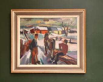 Framed Mid 20th Century Oil on canvas, "Loggers in a Winter Landscape" Karl-Erik Jonsson